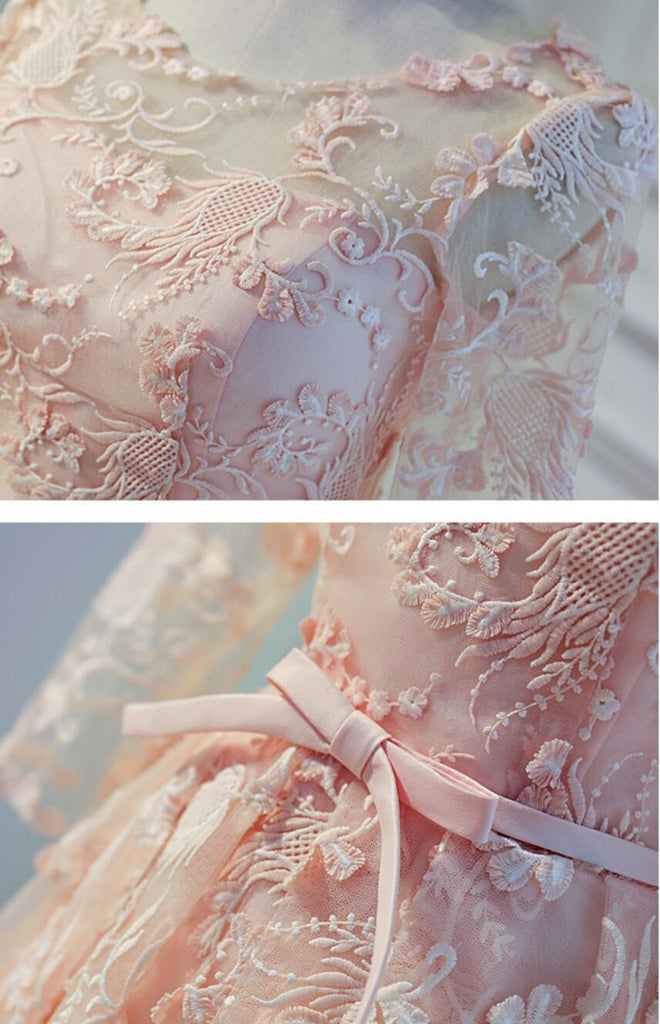 Long Sleeve Light Peach Open back Lace Cute Homecoming Prom Dresses, Affordable Short Party Prom Dresses, Perfect Homecoming Dresses, CM317