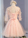 Long Sleeve Light Peach Open Back Lace Cute Homecoming Prom Dresses, Affordable Short Party Prom Dresses, Perfect Homecoming Dresses, CM319