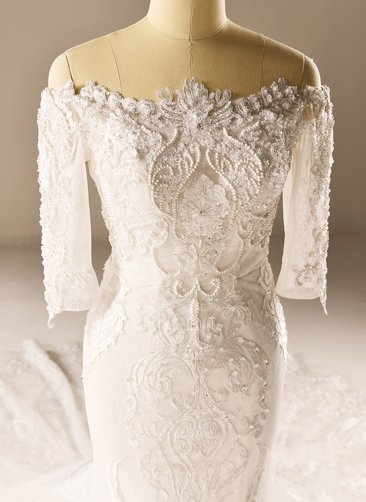 Long Sleeve Mermaid Lace Beaded Wedding Dresses, Custom Made Wedding Dresses, Affordable Wedding Bridal Gowns, WD228