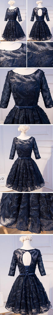Long Sleeve Navy Scoop Neckline Homecoming Prom Dresses, Affordable Short Party Prom Dresses, Perfect Homecoming Dresses, CM292
