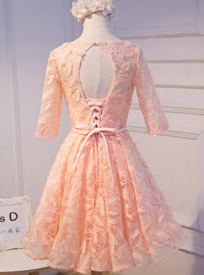 Long Sleeve Peach Open back Lace Cute Homecoming Prom Dresses, Affordable Short Party Prom Dresses, Perfect Homecoming Dresses, CM316