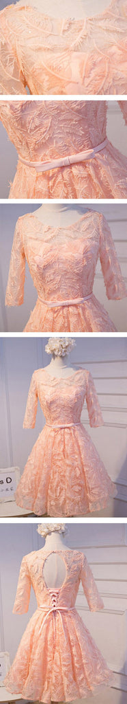 Long Sleeve Peach Open back Lace Cute Homecoming Prom Dresses, Affordable Short Party Prom Dresses, Perfect Homecoming Dresses, CM316