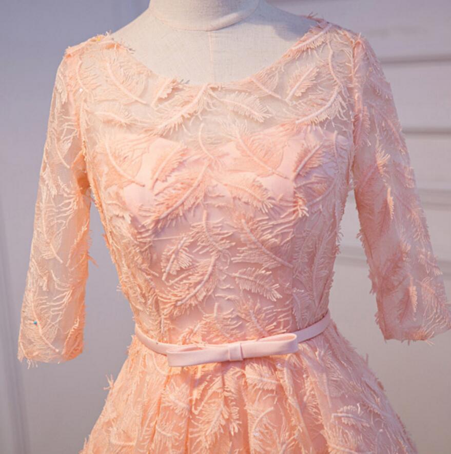 Long Sleeve Peach Open back Lace Cute Homecoming Prom Dresses, Affordable Short Party Prom Dresses, Perfect Homecoming Dresses, CM316