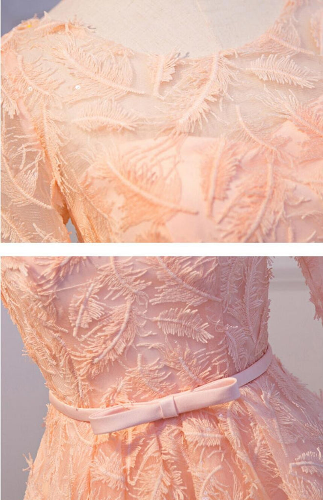 Long Sleeve Peach Open back Lace Cute Homecoming Prom Dresses, Affordable Short Party Prom Dresses, Perfect Homecoming Dresses, CM316