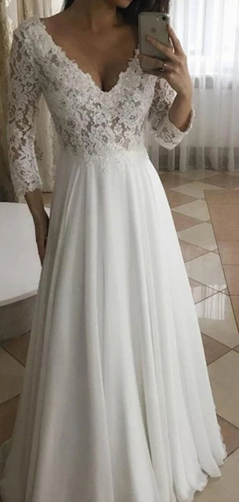 Long Sleeves A-line V-neck Handmade Lace Wedding Dresses,WD774