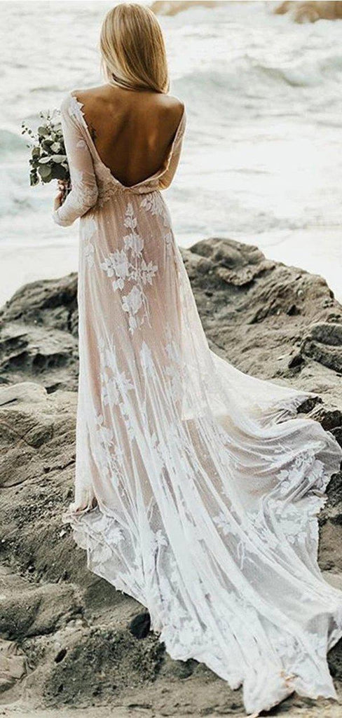 Long Sleeves Backless Lace Boho Wedding Dresses, Cheap Wedding Gown, WD688