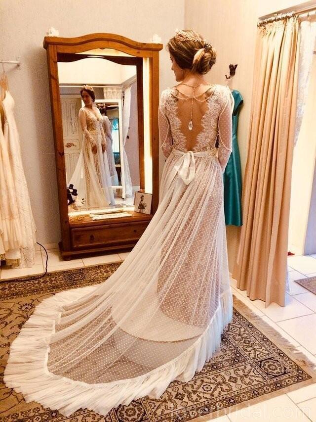 Long Sleeves Backless Lace Cheap Wedding Dresses Online, Cheap Bridal Dresses, WD528