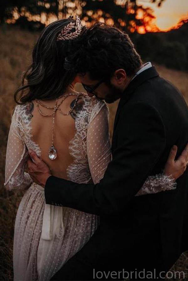 Long Sleeves Backless Lace Cheap Wedding Dresses Online, Cheap Bridal Dresses, WD528