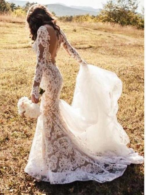 Long Sleeves Backless Lace Mermaid Long Wedding Dresses Online, Cheap Bridal Dresses, WD534