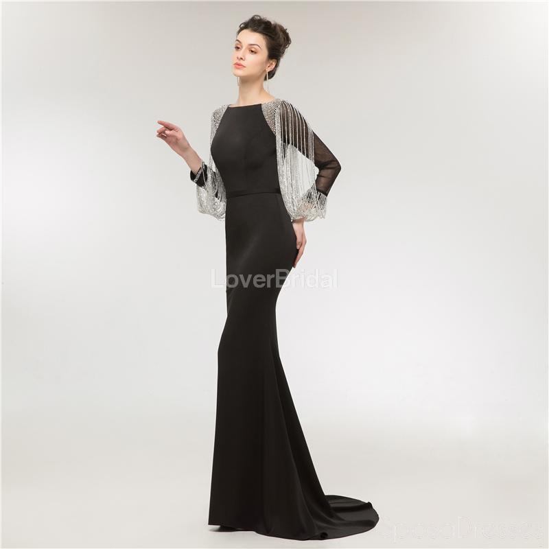 Long Sleeves Black Mermaid Long Evening Prom Dresses, Evening Party Prom Dresses, 12008