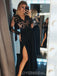 Long Sleeves Black Side Slit Long Evening Prom Dresses, Cheap Custom Sweet 16 Dresses, 18475