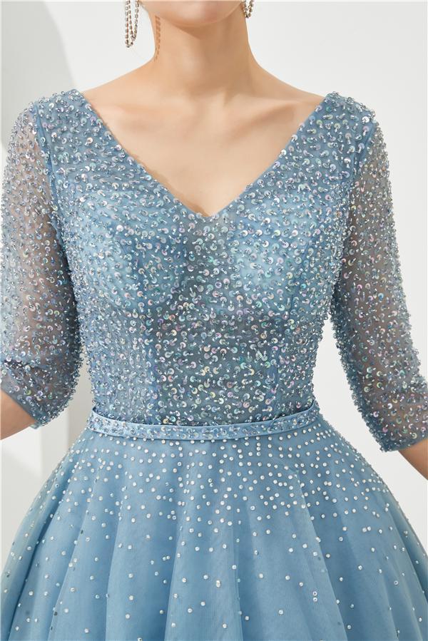 Long Sleeves Blue Beaded A-line Evening Prom Dresses, Evening Party Prom Dresses, 12130