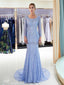 Long Sleeves Blue Heavily Beaded Mermaid Evening Prom Dresses, Evening Party Prom Dresses, 12057