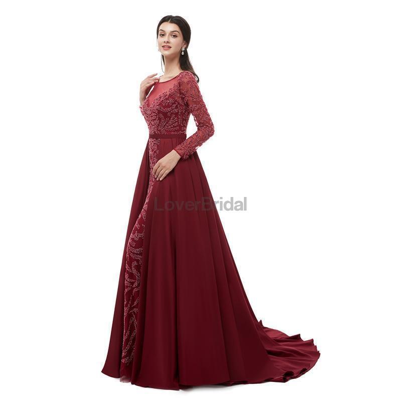 Long Sleeves Dark Red Heavily Beaded Evening Prom Dresses, Evening Party Prom Dresses, 12100