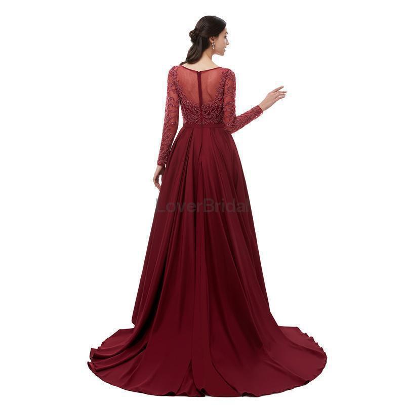 Long Sleeves Dark Red Heavily Beaded Evening Prom Dresses, Evening Party Prom Dresses, 12100