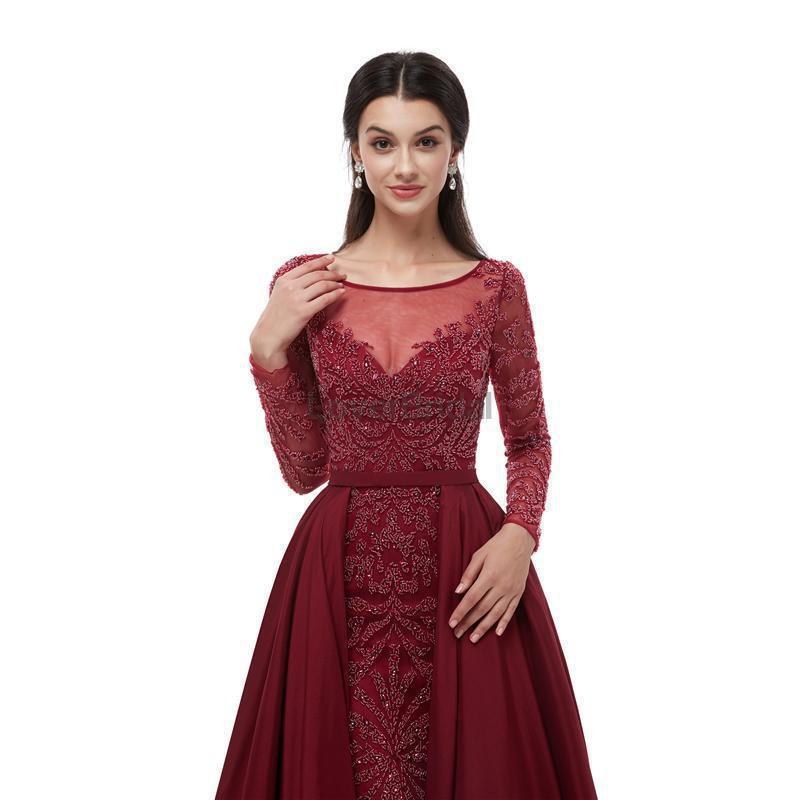 Long Sleeves Dark Red Heavily Beaded Evening Prom Dresses, Evening Party Prom Dresses, 12100