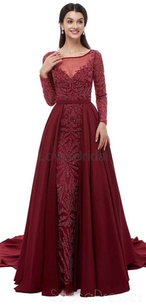 Long Sleeves Dark Red Heavily Beaded Evening Prom Dresses, Evening Party Prom Dresses, 12100