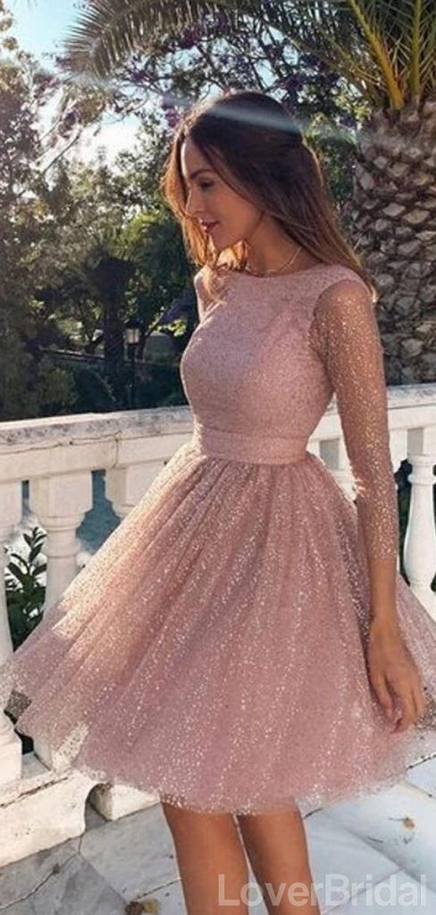 Long Sleeves Dusty Pink Sparkly Short Cheap Homecoming Dresses Online, CM820