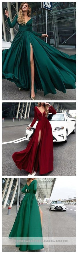 Long Sleeves Emerald Green Evening Prom Dresses, Cheap Sweet 16 Dresses, 18305