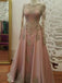 Long Sleeves Gold Lace Beaded Pink Skirt Long Evening Prom Dresses, Cheap Sweet 16 Dresses, 18357