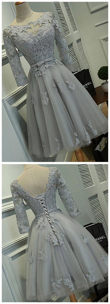 Long Sleeves Grey Lace Short Cheap Homecoming Dresses Online, CM561