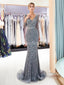 Long Sleeves Grey Rhinestone Heavily Beaded Mermaid Evening Prom Dresses, Evening Party Prom Dresses, 12038