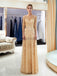 Long Sleeves Heavily Beaded Gold Evening Prom Dresses, Evening Party Prom Dresses, 12059