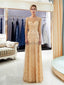 Long Sleeves Heavily Beaded Gold Evening Prom Dresses, Evening Party Prom Dresses, 12059