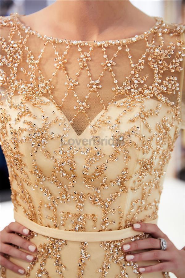 Long Sleeves Heavily Beaded Gold Evening Prom Dresses, Evening Party Prom Dresses, 12059