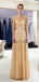 Long Sleeves Heavily Beaded Gold Evening Prom Dresses, Evening Party Prom Dresses, 12059