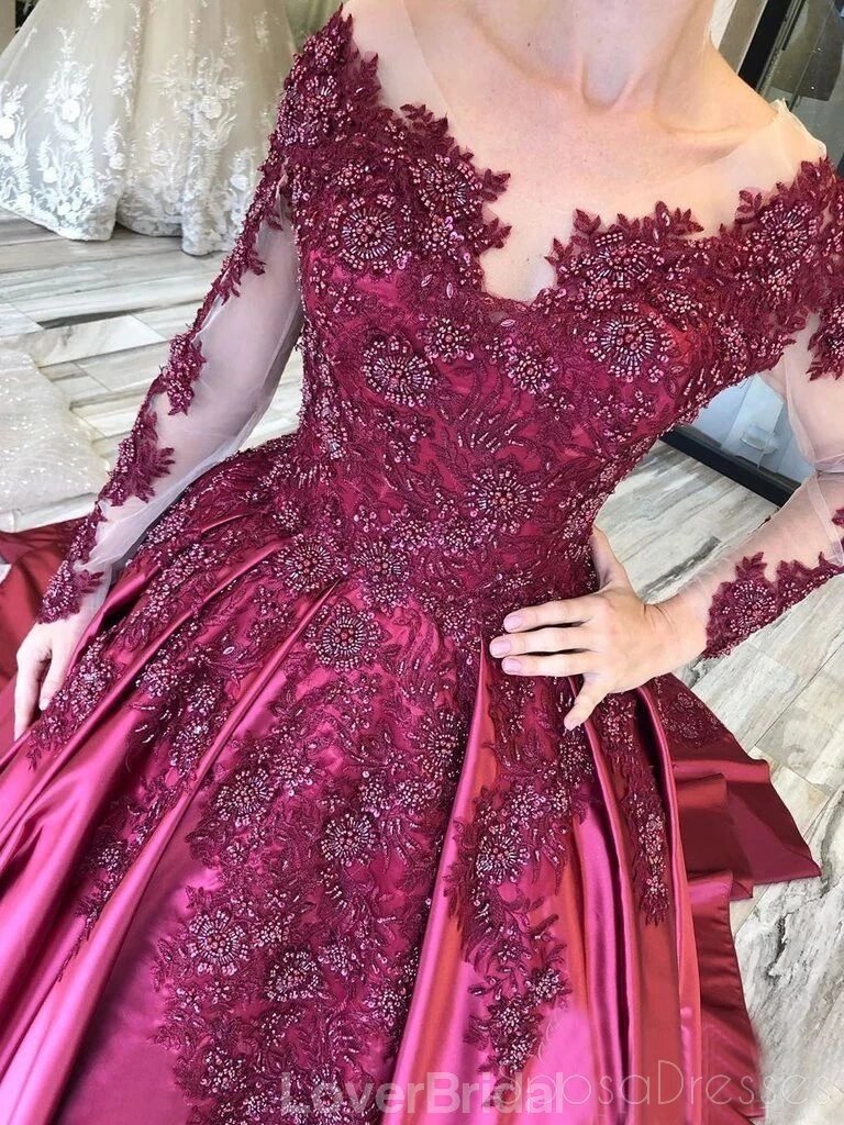 Long Sleeves Lace Applique Purple Long Evening Prom Dresses, Evening Party Prom Dresses, 12177