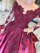 Long Sleeves Lace Applique Purple Long Evening Prom Dresses, Evening Party Prom Dresses, 12177