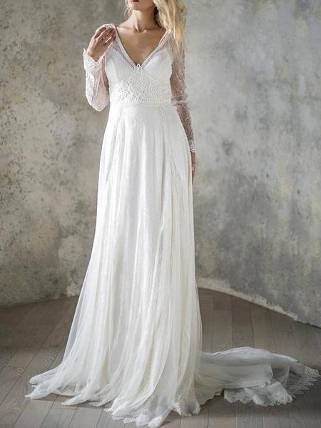 Long Sleeves Lace Backless Cheap Wedding Dresses Online, Cheap Bridal Dresses, WD543