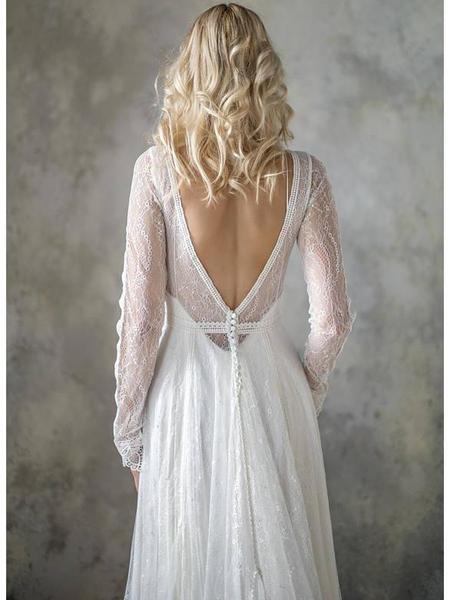 Long Sleeves Lace Backless Cheap Wedding Dresses Online, Cheap Bridal Dresses, WD543