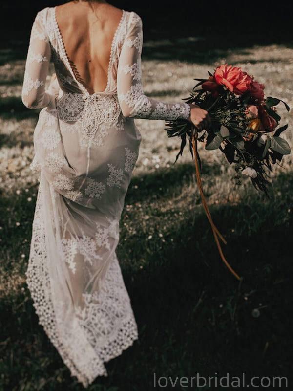 Long Sleeves Lace Backless Long Wedding Dresses Online, Cheap Bridal Dresses, WD544