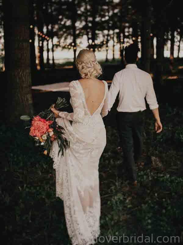 Long Sleeves Lace Backless Long Wedding Dresses Online, Cheap Bridal Dresses, WD544
