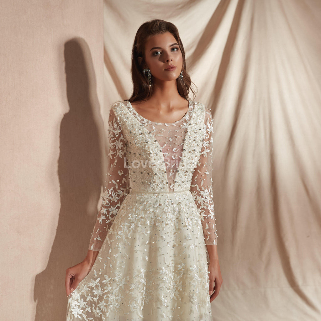 Long Sleeves Lace Cheap Wedding Dresses Online, Cheap Unique Bridal Dresses, WD578