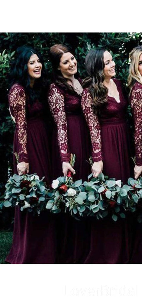 Long Sleeves Lace Chiffon Long Cheap Bridesmaid Dresses Online, WG608