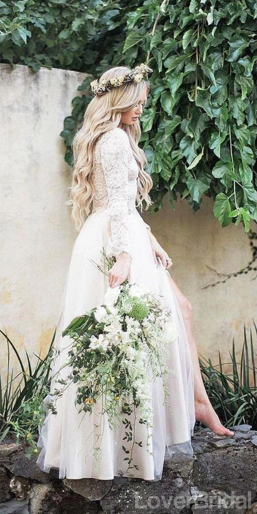 Long Sleeves Lace Jewel Neck Modest Cheap Wedding Dresses Online, Cheap Unique Bridal Dresses, WD598