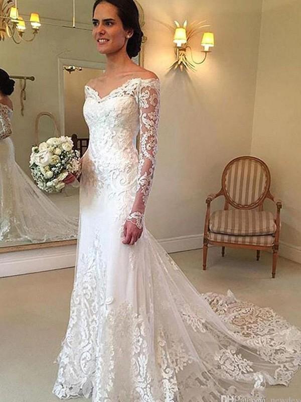 Long Sleeves Lace Mermaid Cheap Wedding Dresses Online, WD403