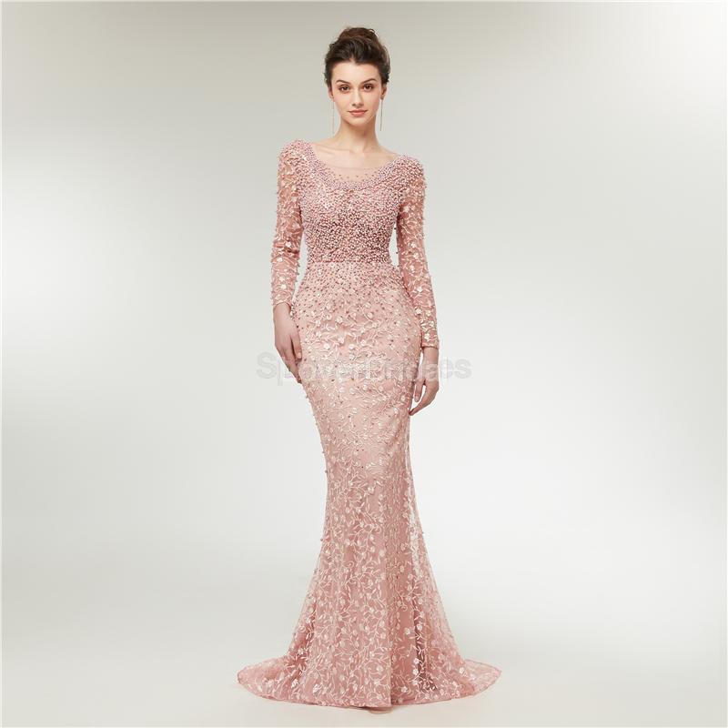 Long Sleeves Lace Mermaid Peach Evening Prom Dresses, Evening Party Prom Dresses, 12020