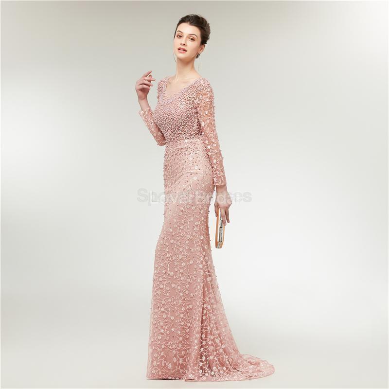 Long Sleeves Lace Mermaid Peach Evening Prom Dresses, Evening Party Prom Dresses, 12020