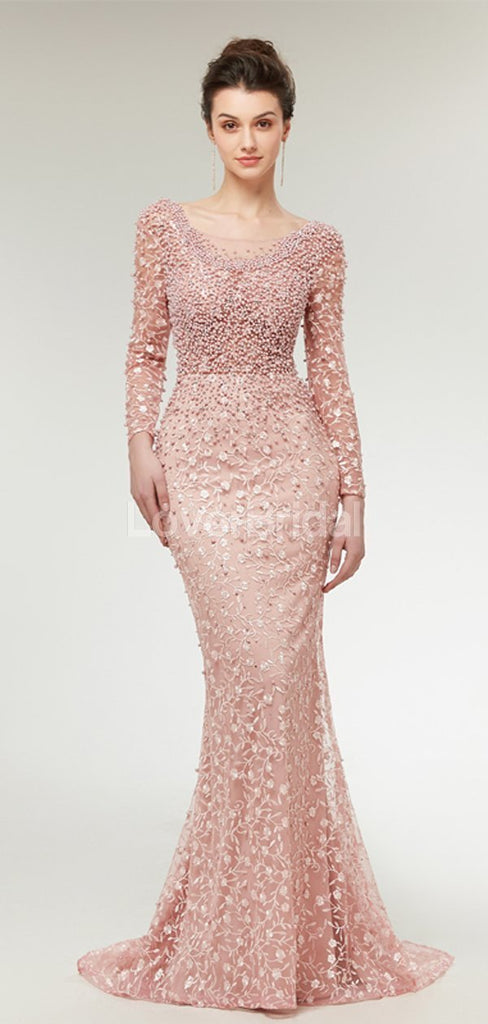 Long Sleeves Lace Mermaid Peach Evening Prom Dresses, Evening Party Prom Dresses, 12020