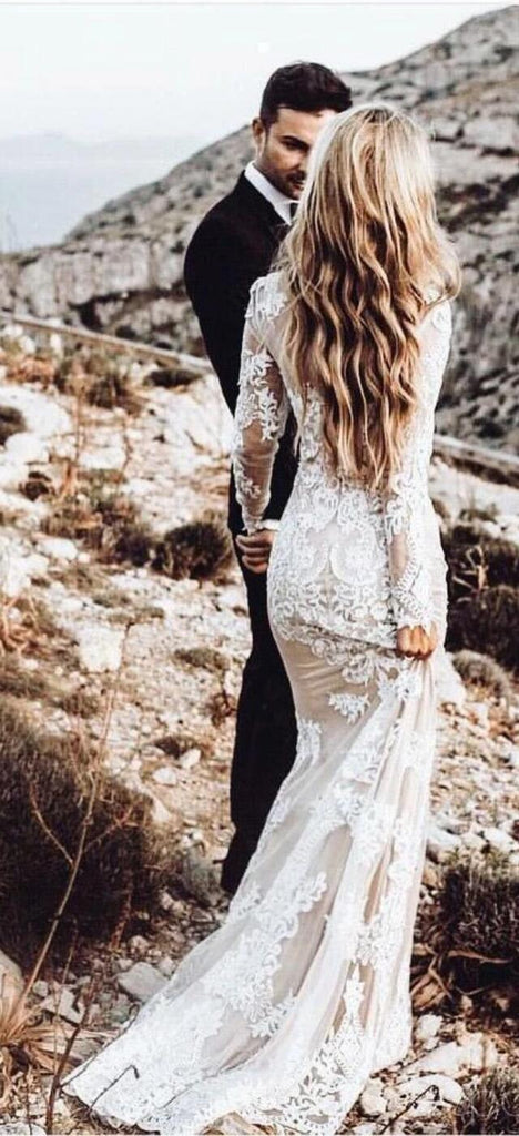 Long Sleeves Lace Mermaid Wedding Dresses Online, Cheap Beach Bridal Dresses, WD475