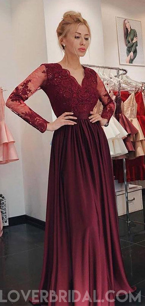 Long Sleeves Maroon Lace Beaded Long Evening Prom Dresses, Cheap Sweet 16 Dresses, 18427