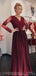 Long Sleeves Maroon Lace Beaded Long Evening Prom Dresses, Cheap Sweet 16 Dresses, 18427