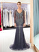 Long Sleeves Navy Rhinestone Beaded Mermaid Evening Prom Dresses, Evening Party Prom Dresses, 12039