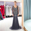 Long Sleeves Navy Rhinestone Beaded Mermaid Evening Prom Dresses, Evening Party Prom Dresses, 12039