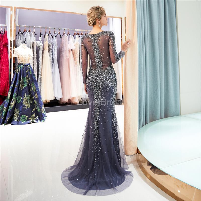 Long Sleeves Navy Rhinestone Beaded Mermaid Evening Prom Dresses, Evening Party Prom Dresses, 12039