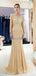 Long Sleeves  Open Back Mermaid Gold Beaded Evening Prom Dresses, Evening Party Prom Dresses, 12058